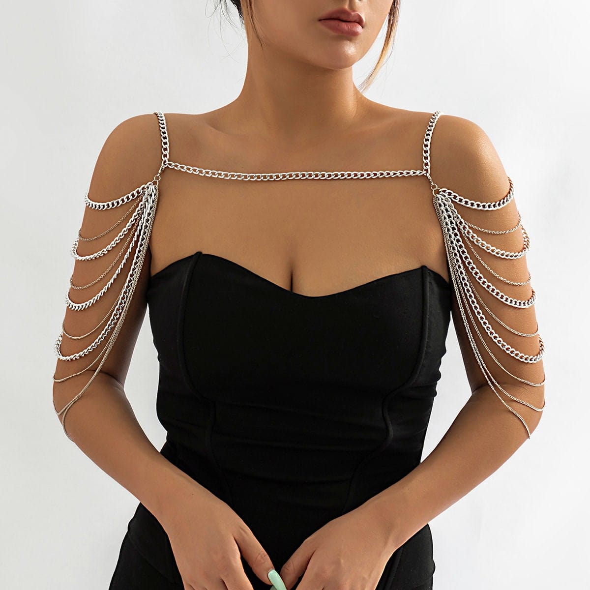 Layered Gold Silver Tone Curb Link Chain Tassel Shoulder Necklace