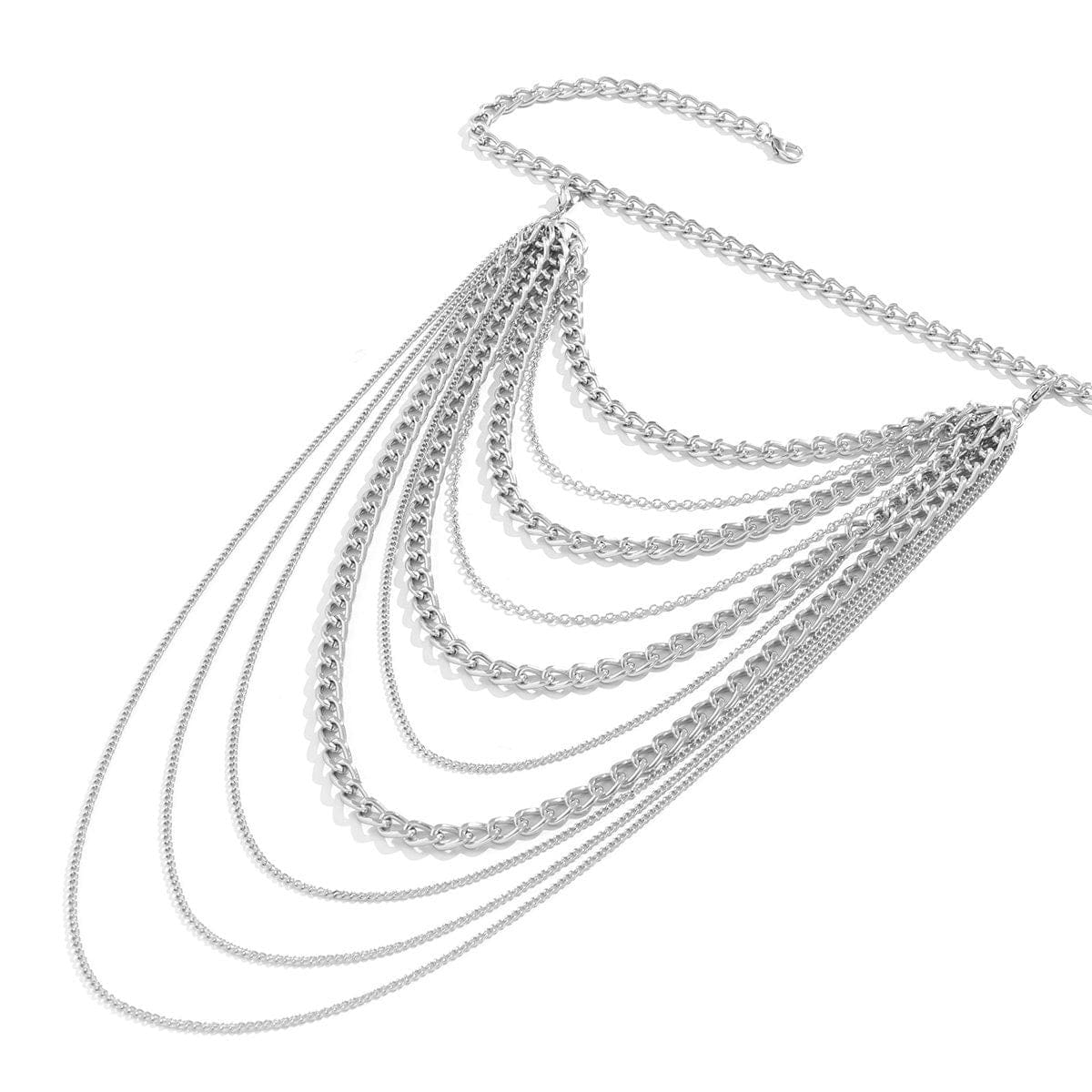 Layered Gold Silver Tone Curb Link Chain Tassel Shoulder Necklace