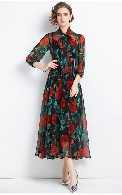Spring Summer Holiday Rose Flower Dress Women Bow Collar Zipper Chiffon Floral Print Long Pleated Vacation Beach Vestidos