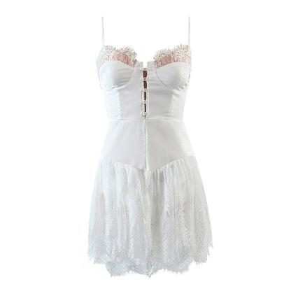 Strap Frill Trim Lace Mini Dress