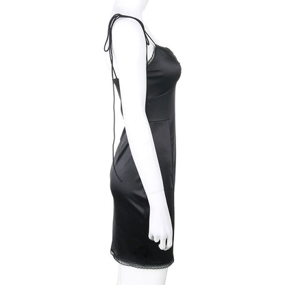 Strappy Satin Ruched Black Dress