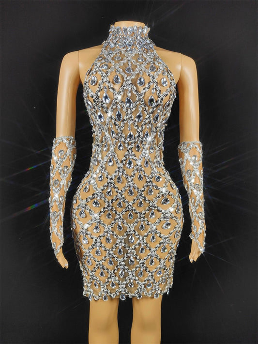 Sparkly Silver Rhinestone Mirror Elastic fabric short Dress
