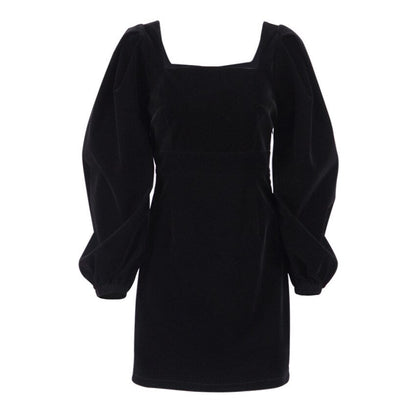 Square Collar Black Bubble Sleeve Long Sleeve Velvet Dress