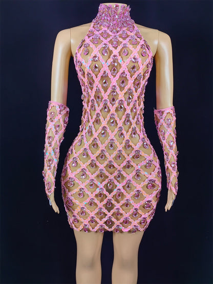 Sparkly Silver Rhinestone Mirror Elastic fabric short Dress