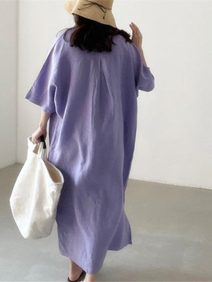 Solid V-Neck Side Split Loose Short Sleeve Long Dress