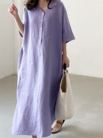 Solid V-Neck Side Split Loose Short Sleeve Long Dress