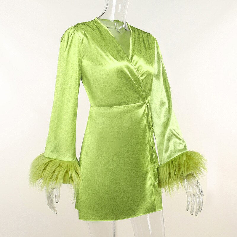 Spring Dress V-neck Feather Long Sleeve Print Mini Party Dress