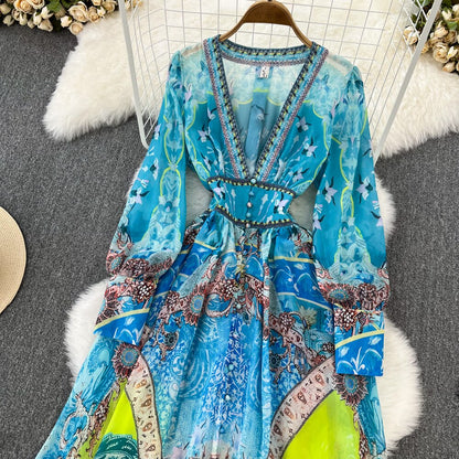 Spring Autumn Elegant Blue Maxi Dress