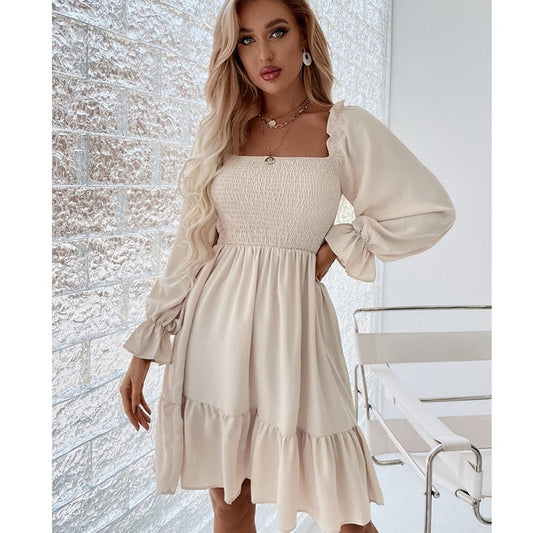 Square Neck Shirred Bodice Flounce Sleeve Ruffle Hem Dress