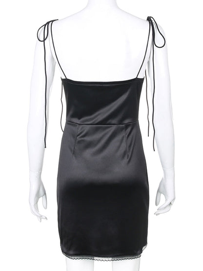 Strappy Satin Ruched Black Dress