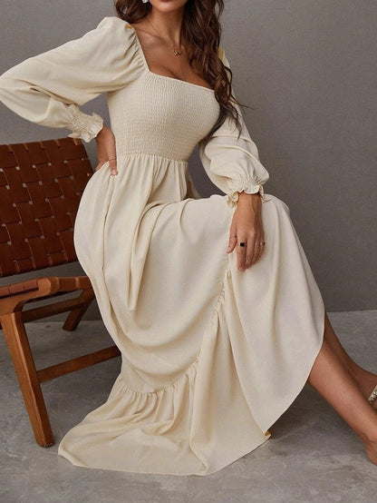 Square Neck Shirred Ruffle Hem Dress