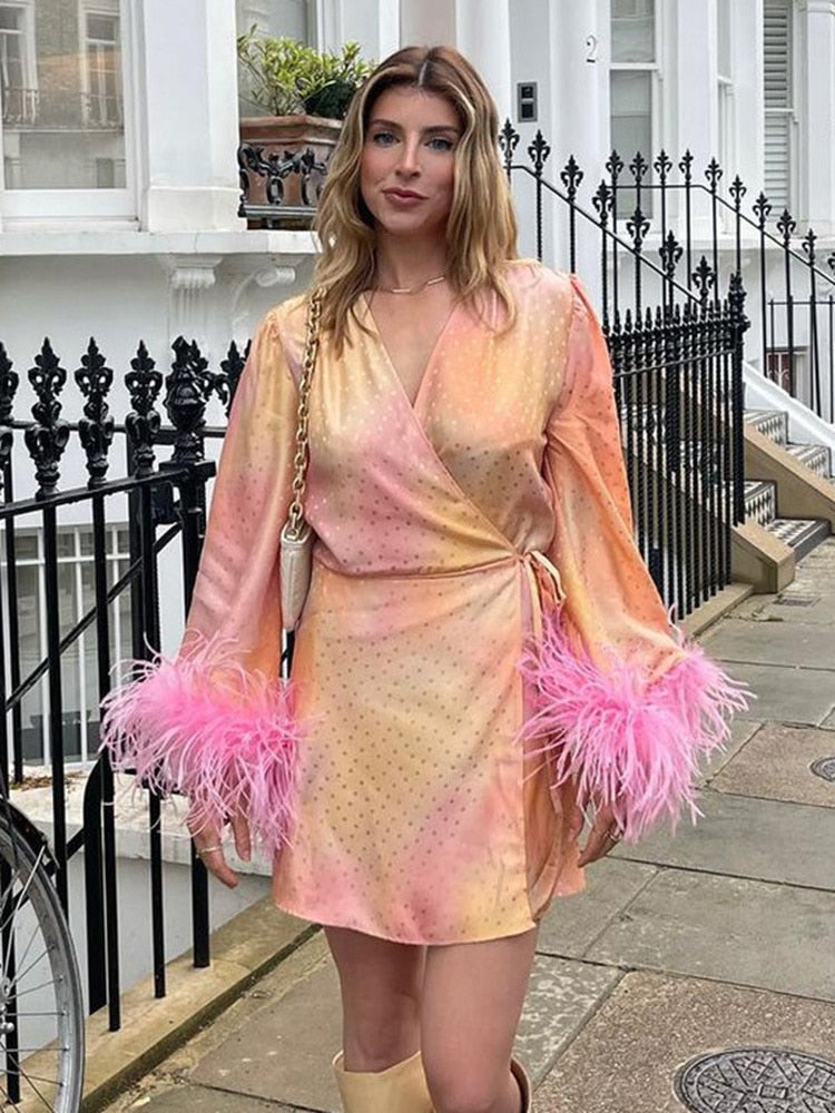 Spring Dress V-neck Feather Long Sleeve Print Mini Party Dress
