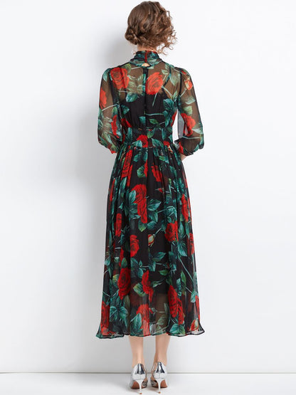 Spring Summer Holiday Rose Flower Dress Women Bow Collar Zipper Chiffon Floral Print Long Pleated Vacation Beach Vestidos