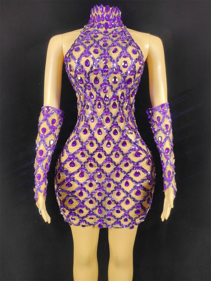 Sparkly Silver Rhinestone Mirror Elastic fabric short Dress