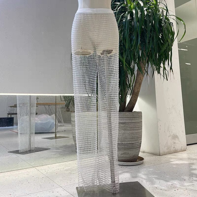 Handmade Rhinestone Fishnet See Through Mesh Loose Trousers
